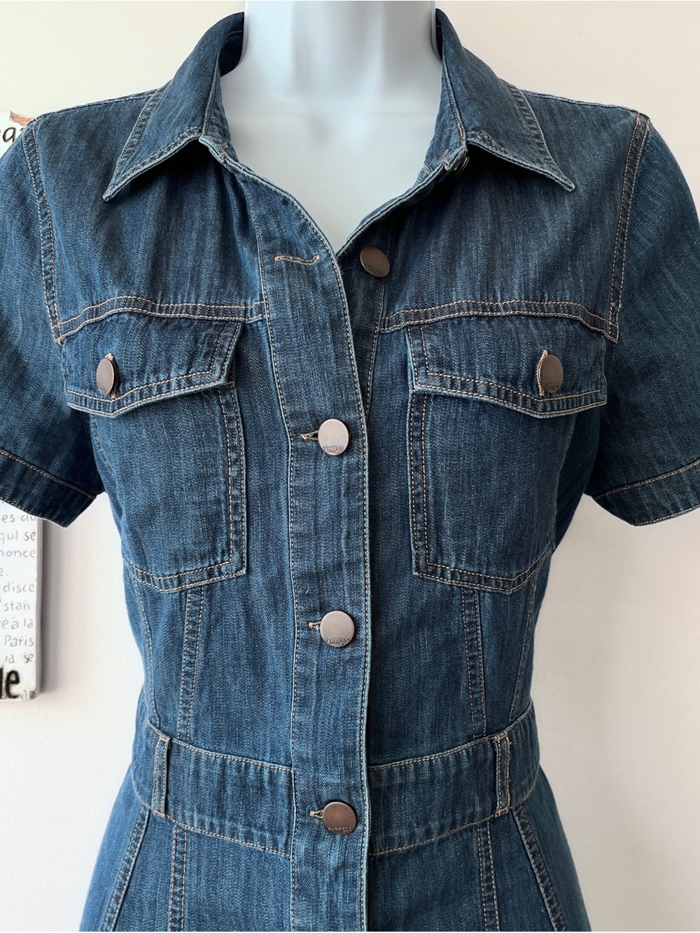 Express Blue Denim Short Sleeve 100% Cotton Shirt Dress Size S - Picture 2 of 6